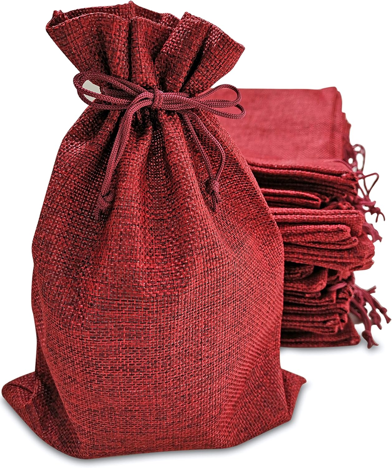 Supply Friend 50 Red Burlap Bags with Drawstring, 7x10 Inch Gift Bag Bulk Pack for Mugs, Mason Jars, Christmas, Wedding Party Favors, Jewelry and Treat Pouches
