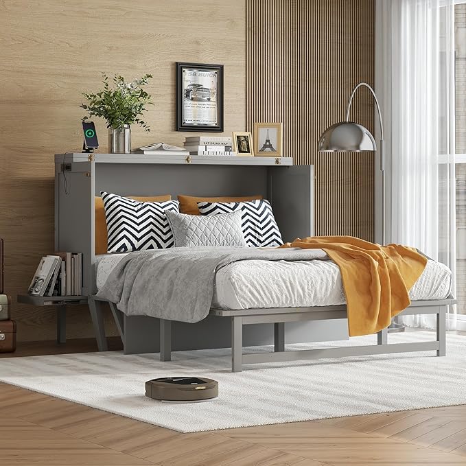 Queen Size Murphy Bed with USB Port and Removable Shelves on Each Side - Image 4