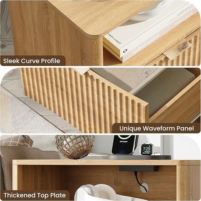Night Stand with Charging Station, Modern Bedside Table with Drawer & Open - Image 4