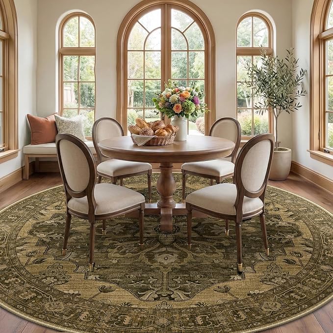 RELEANY Area Rugs Round 8ft Washable Non-Slip, Floral Vintage Distress Print - Image 2