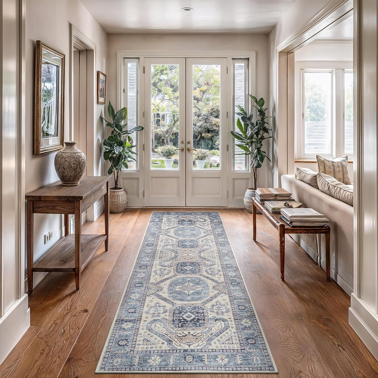 Bloom Rugs Washable Non-Slip 12 ft Runner - Blue/Beige Traditional Oriental Runner for Entryway, Hallway, Bathroom, and Kitchen - Exact Size: 2.5' x 12'