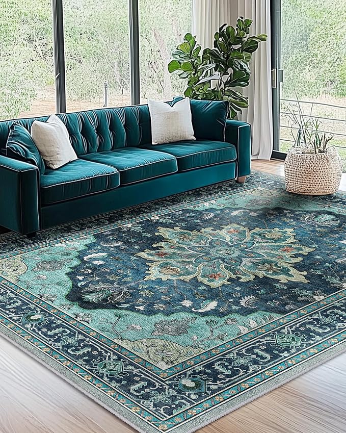 RELEANY Area Rugs 7'x9' Washable Non-Slip, Floral Vintage Distress Print by RELEANY