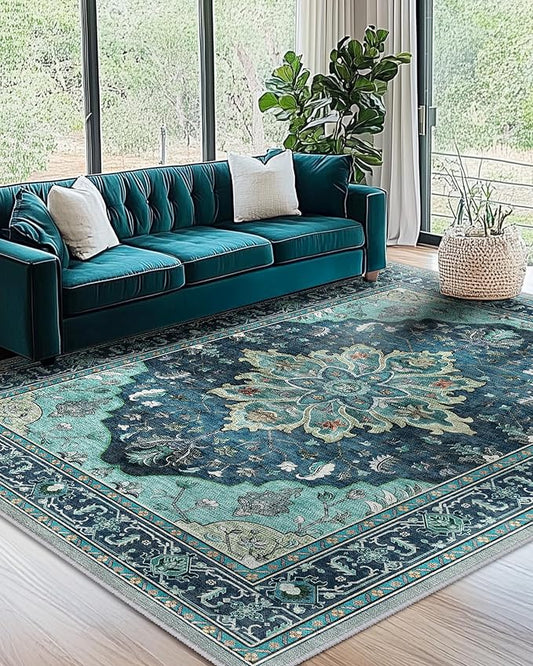 RELEANY Area Rugs 7'x9' Washable Non-Slip, Floral Vintage Distress Print by RELEANY