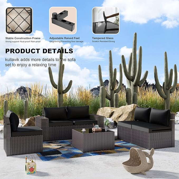 Kullavik Outdoor Patio Furniture Set 6 Pieces Sectional Rattan Sofa Set Brown - Image 4