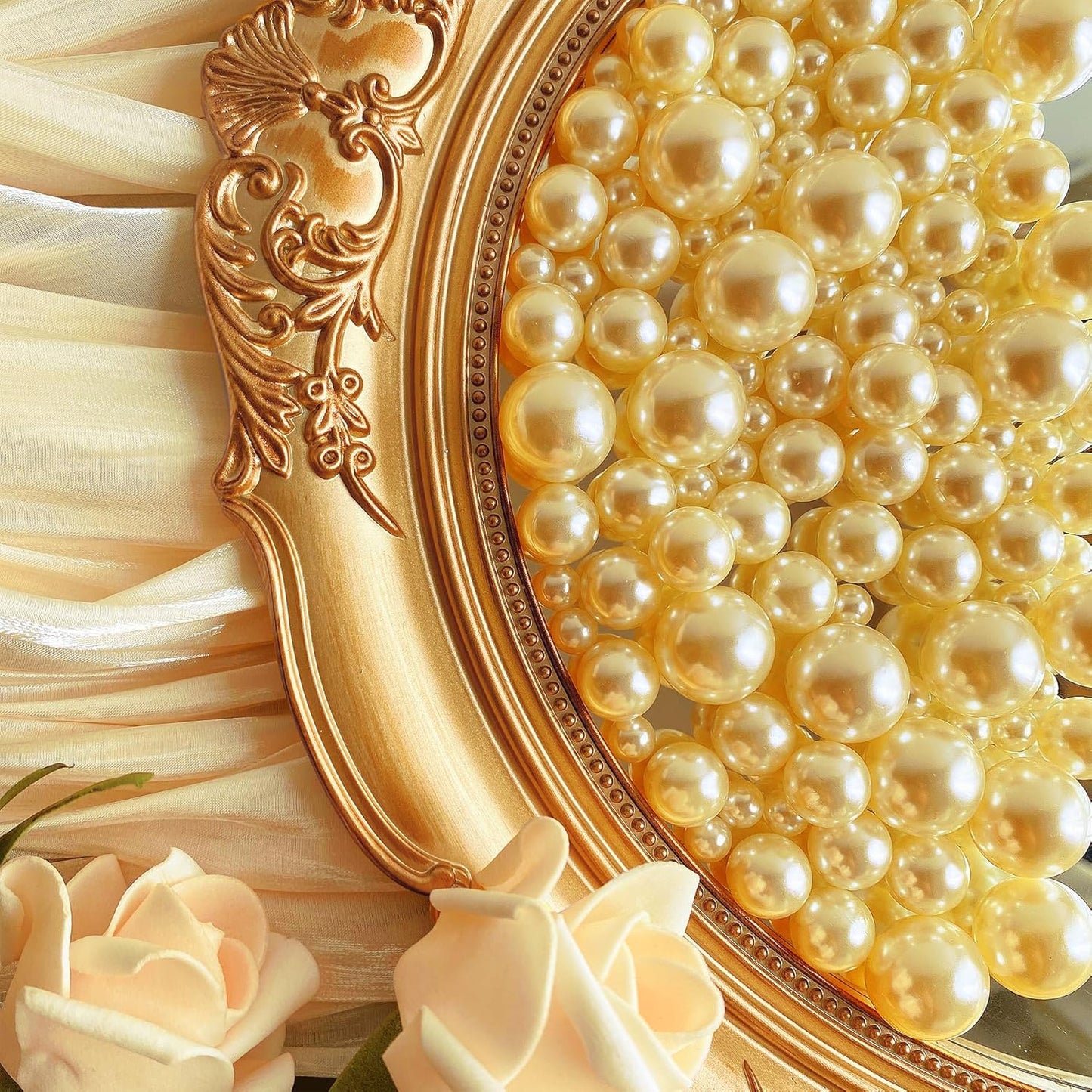 120 PCS 8/14/20mm No Hole Polish Pearl Beads for Centerpiece, Gold Beads Decorative Vase Fillers, Plastics Pearls for Vases, Table Scatters, Wedding Party Decor