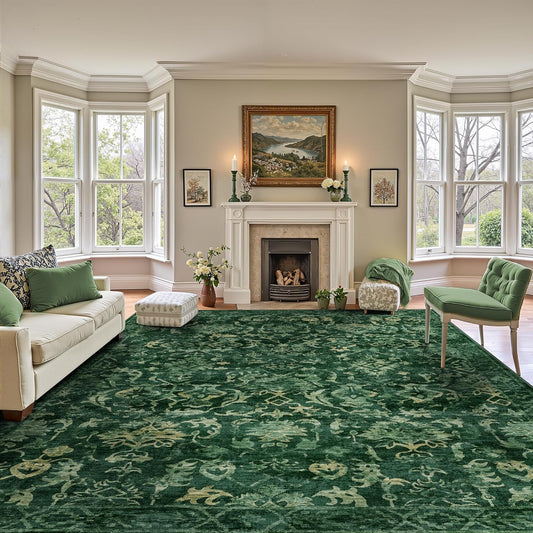 Dark Green Area Rugs 8x10 Rugs for Living Room, Traditional Washable Rugs for Bedroom Distressed Large Area Rug Living Room Rug Non Slip Rug Carpet for Dining Nursery