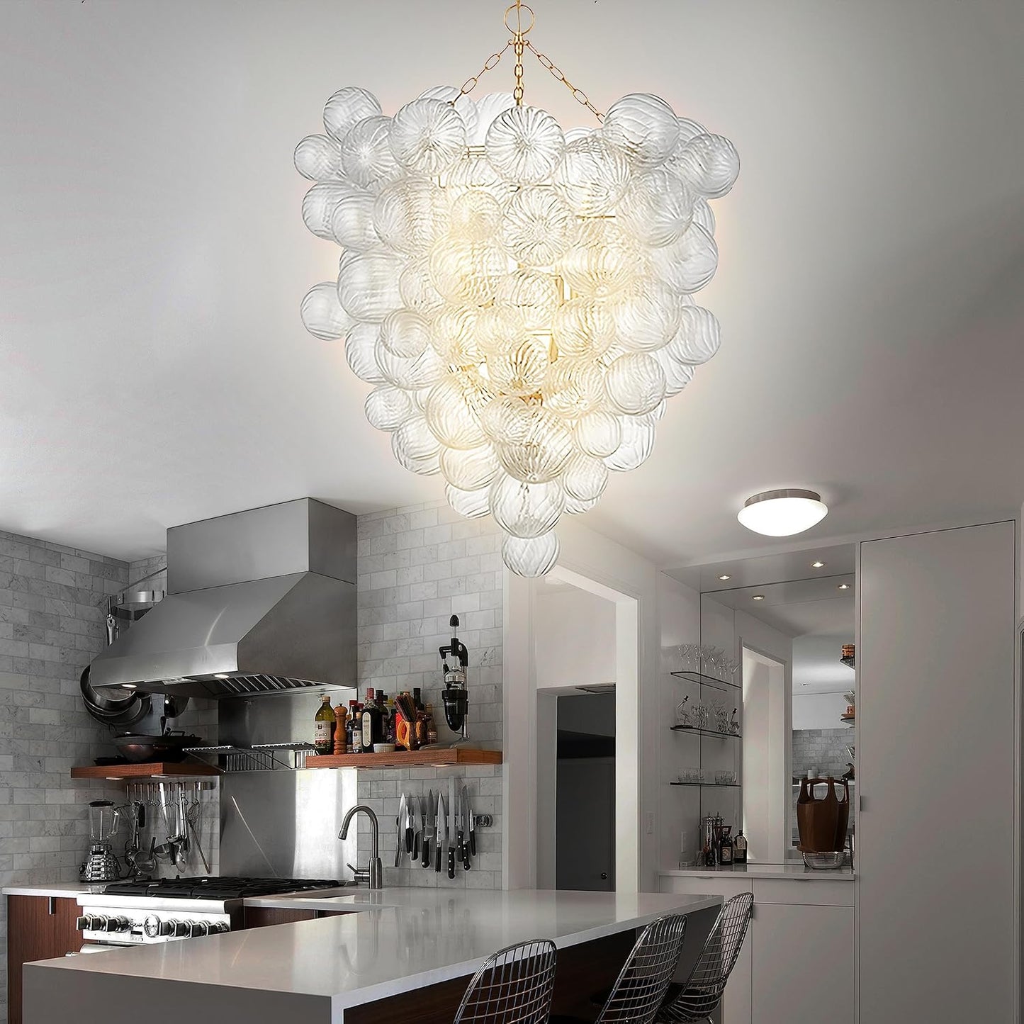Mid Century Bubble Ball Swirled Glass Chandelier, 36 in. 2-Layer Cages Gild Gold and Clear Blown Glass Large Cluster Bbble Pendant Light Fixture for Bedroom Restaurant Dining Room