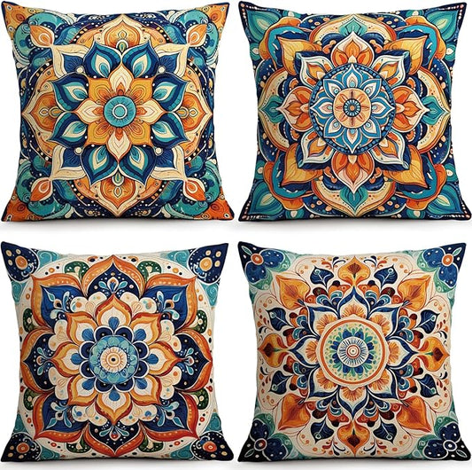 OBSEDE Boho Mandala Throw Pillow Covers Set of 4, 18x18 Inch Blue and Orange by OBSEDE