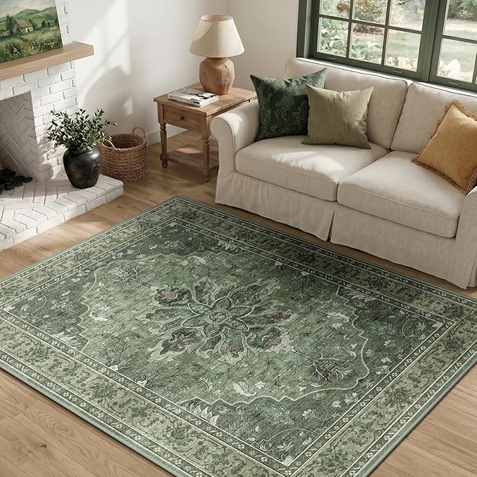 RELEANY Area Rugs 4'x6' Washable Non-Slip, Floral Vintage Distress Print by RELEANY