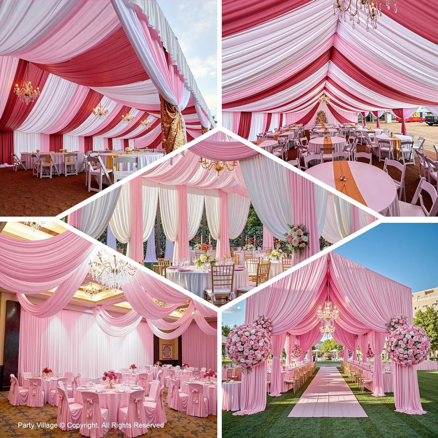 PartyVillage 4 Panels 5ftx30ft Baby Pink Ceiling Drapes for Wedding Parties – 30 FT Extra Long Thick Polyester Wrinkle-Free Drapery Tent Decor Decorations for Birthday Party Ceremony Stage Swag