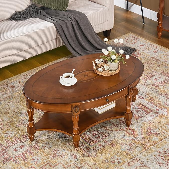Traditional Solid Wood Oval Coffee Table, 45” x 18” Center Table - Image 2