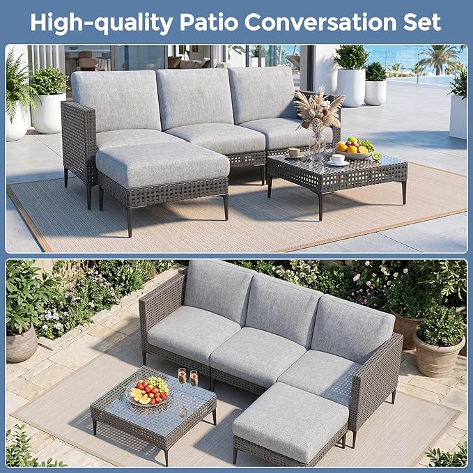 Jocoevol 5 Pieces Outdoor Patio Conversation Set – Rattan L-Shaped Corner Sofa - Image 3