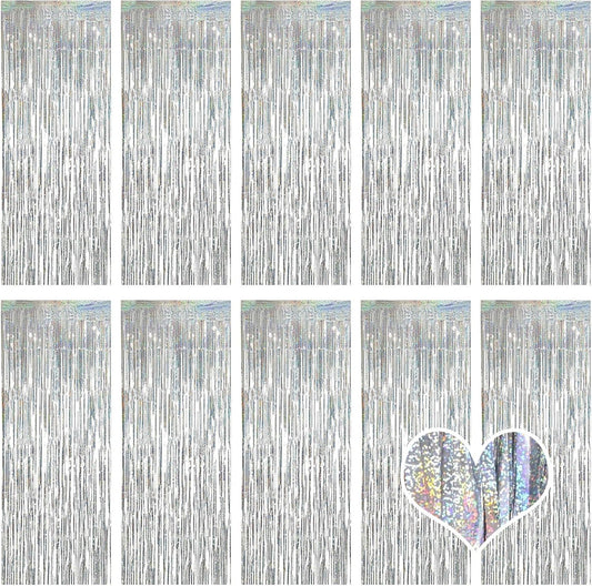 10 Pack Silver Backdrop Curtain 3.2ft x 8.2ft Metallic Tinsel Foil Fringe Curtains Photo Booth Background for Birthday Party Decoration Baby Shower Engagement Wedding Christmas Decoration (Silver)