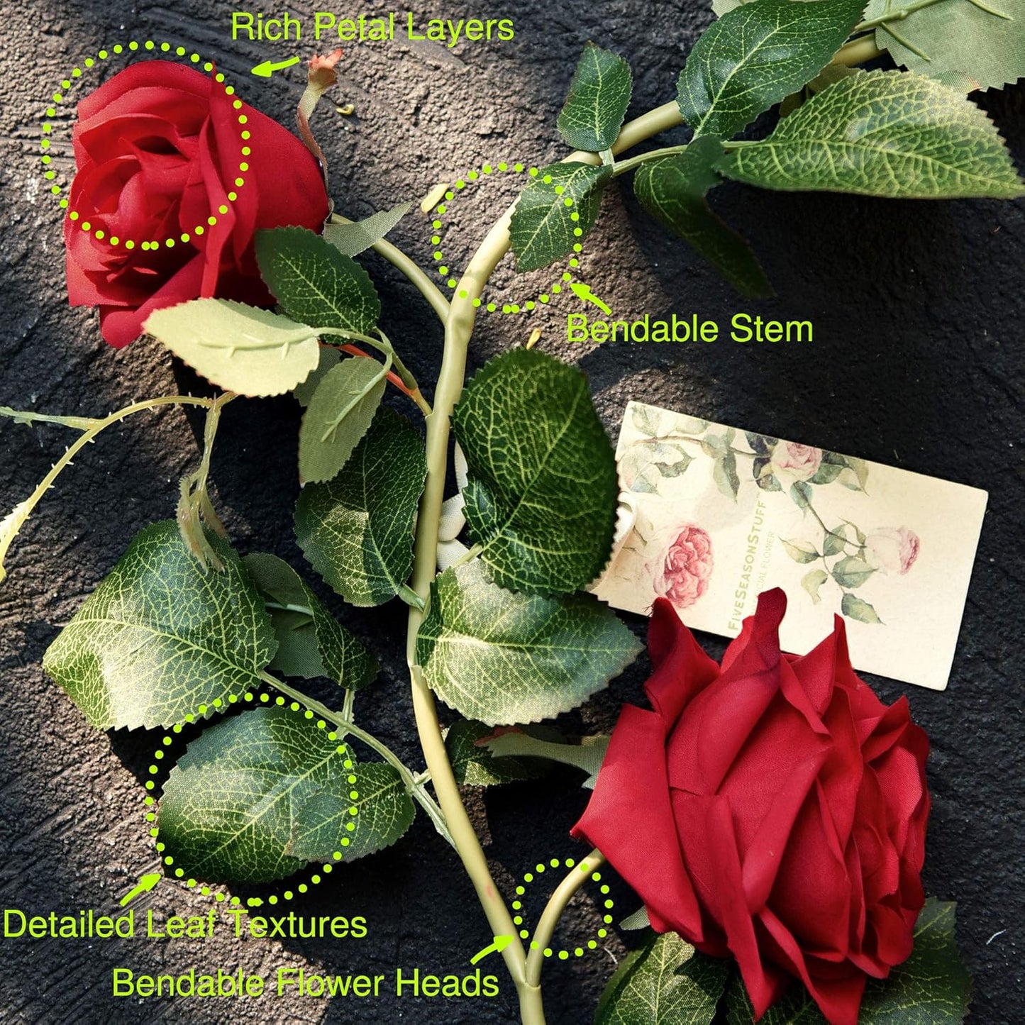 FiveSeasonStuff Classic Red Artificial Silk Roses Flower Garland, Bendable Hanging Vines (2pcs, 11ft)