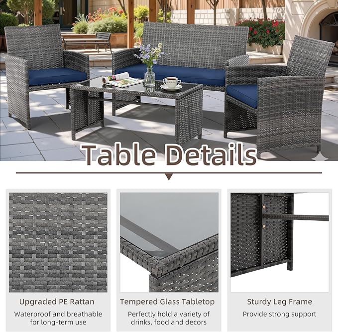 4 Piece Patio Ratten Set Outdoor Furniture Set Wicker Conversation Set - Image 3