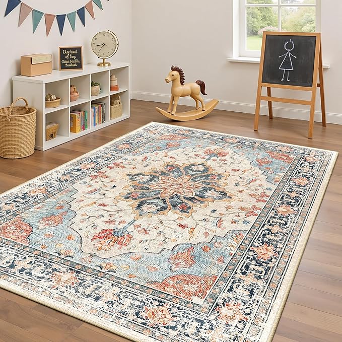 RELEANY Area Rugs 4'x6' Washable Non-Slip, Floral Vintage Distress Print - Image 3