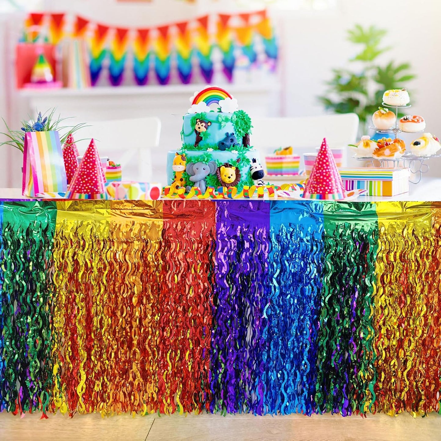 CCINEE 4 Packs Foil Fringe Table Skirt for Rainbow Party Decorations, 36ft Wavy Metallic Tinsel Foil Fringe Desk Skirt for Fiesta Birthday Wedding Pride Party DíA De Muertos Table Decorations