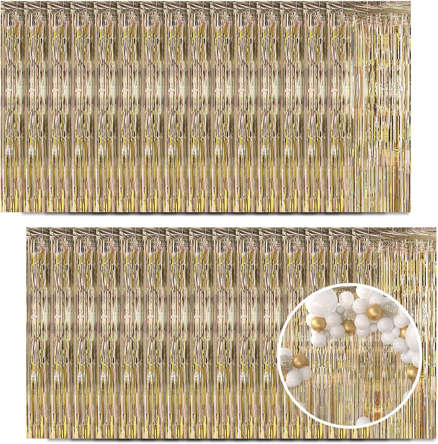 30 Pack Champagne Gold Foil Fringe Curtain Backdrop, 3.3x8.2 Feet Metallic Tinsel Streamer Curtains Photo Booth Props for Engagement/Wedding/Bridal Shower/New Year/Valentine's Day Party Decorations