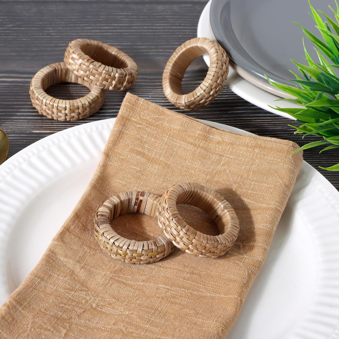 Handcrafted Napkin Ring Set of 12, Unique Cane & Plastic Design, Elegant Tableware, Premium Quality Napkin Ring, Perfect for Dinner Parties, Wedding Decor, Holiday Gatherings (Brown) - CLEENTABLE