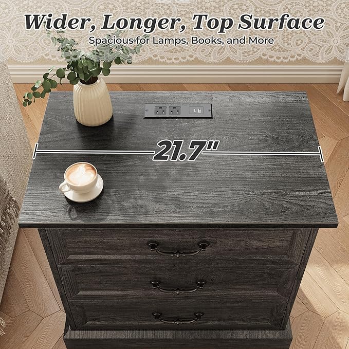 Huuger Nightstand with Charging Station, 3 Drawer Night Stand Set of 2 - Image 7