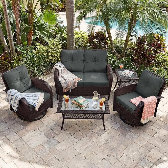 UPHA 5 Pieces Patio Furniture Sets, Wicker Outdoor Loveseat Sofa Set - Image 5