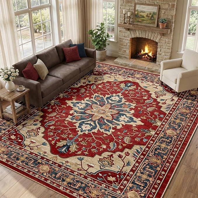 RELEANY Area Rugs 9'x12' Washable Non-Slip, Floral Vintage Distress Print - Image 3