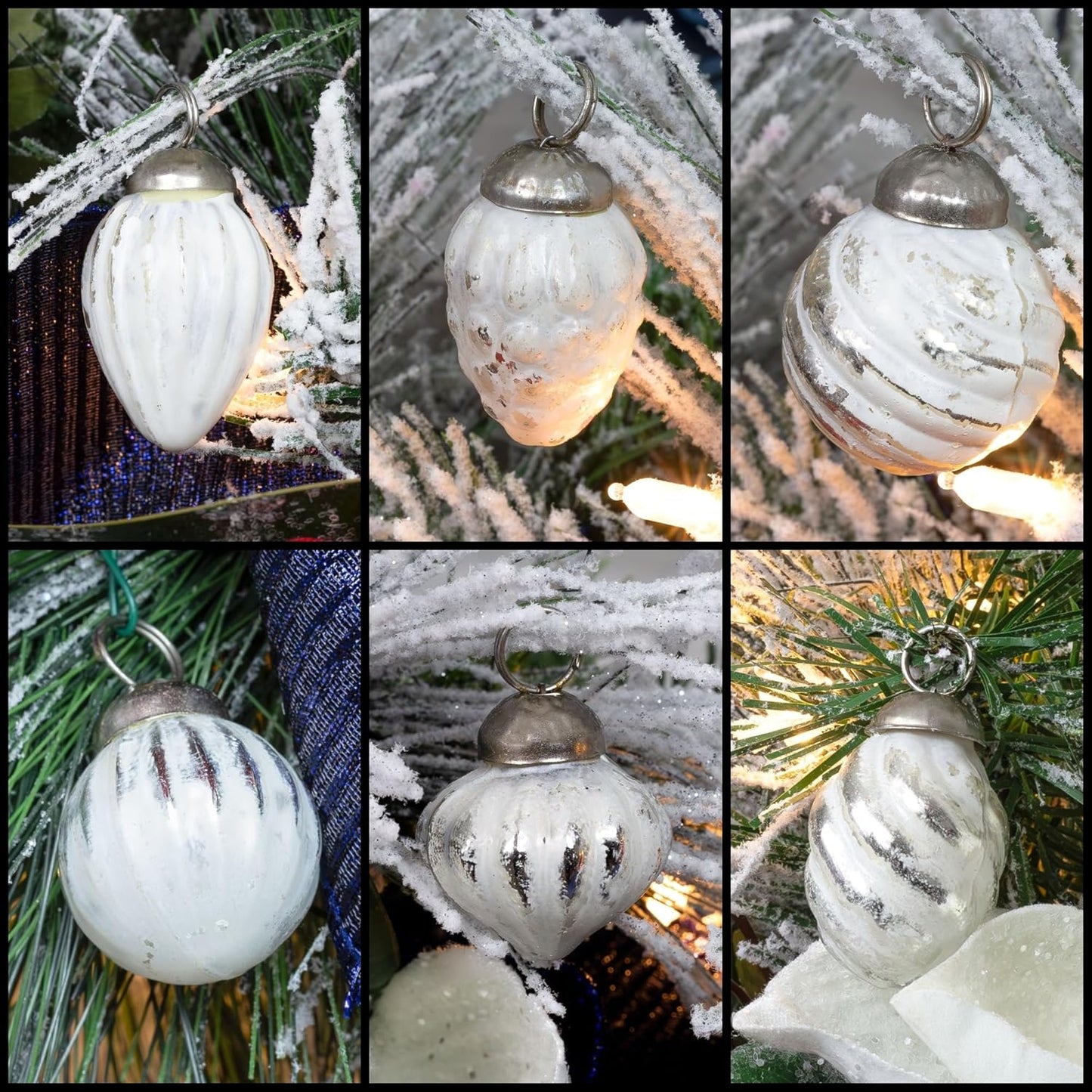 AuldHome Mercury Glass Finial Ornaments (Set of 12, Silver White, Small); Distressed Metal Antique Style Christmas Tree Decorations; 1.3 to 2-Inch Size