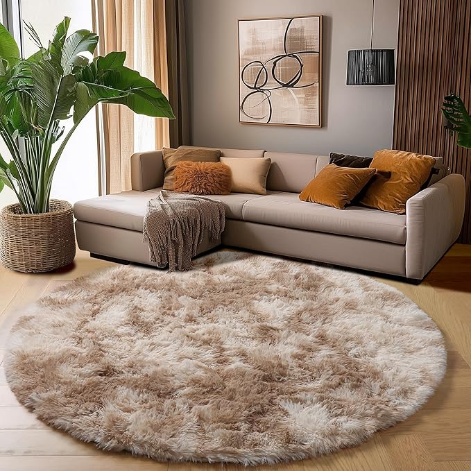 Amdrebio Tie-Dyed Beige Tan Round Circle Area Rug 5Ft - Image 3
