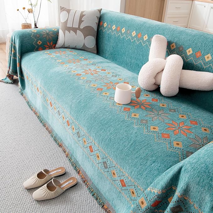 DREAMINGO Teal Boho Couch Cover Jacquard Chenille Sofa Covers Washable 3 Seater - Image 4