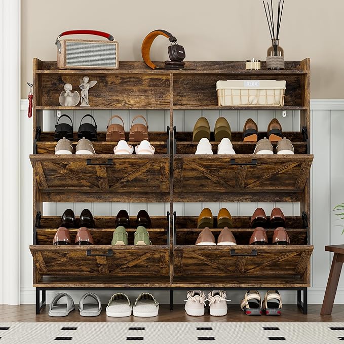 BORNOON Shoe Cabinet with 4 Flip Drawers Narrow Shoe Storage Cabinet Organizer - Image 7