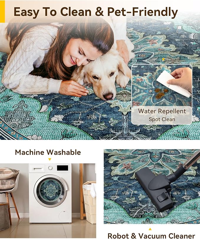 RELEANY Area Rugs Round 4ft Washable Non-Slip, Floral Vintage Distress Print - Image 5