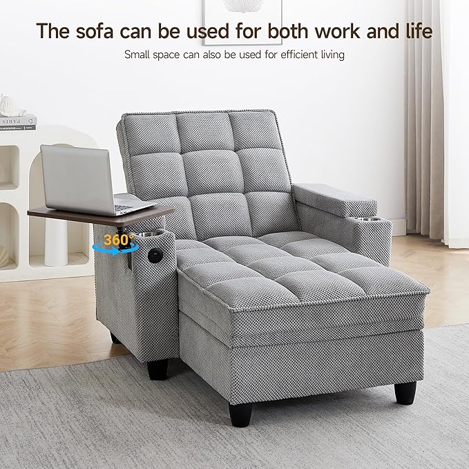 Oversized Recliner Chair with Swivel Tray Table, Modern Tufted Linen Fabric - Image 4