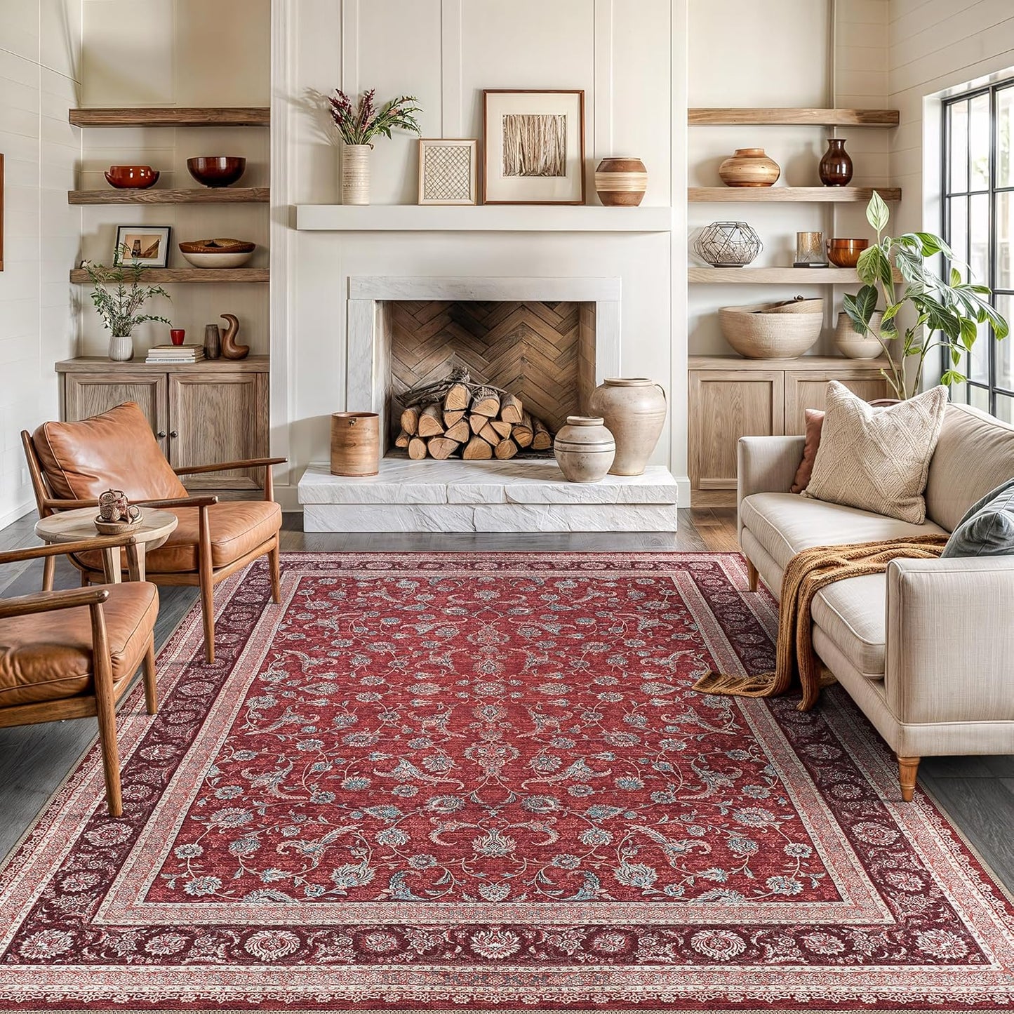 Bloom Rugs Washable Non-Slip 8' x 10' Rug - Red/Beige Traditional Bordered Area Rug for Living Room, Bedroom, Dining Room, and Kitchen - Exact Size: 8' x 10'