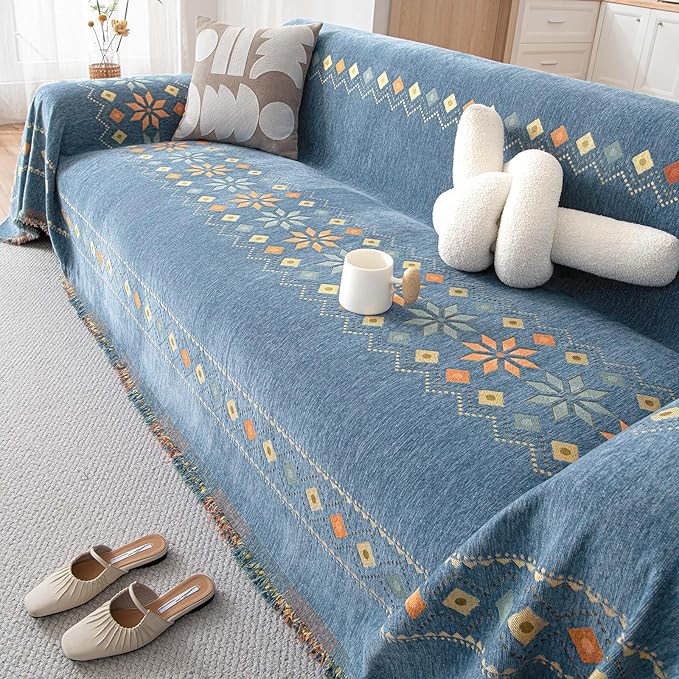 DREAMINGO Blue Boho Couch Cover Geometric Jacquard Sofa Covers - Image 4