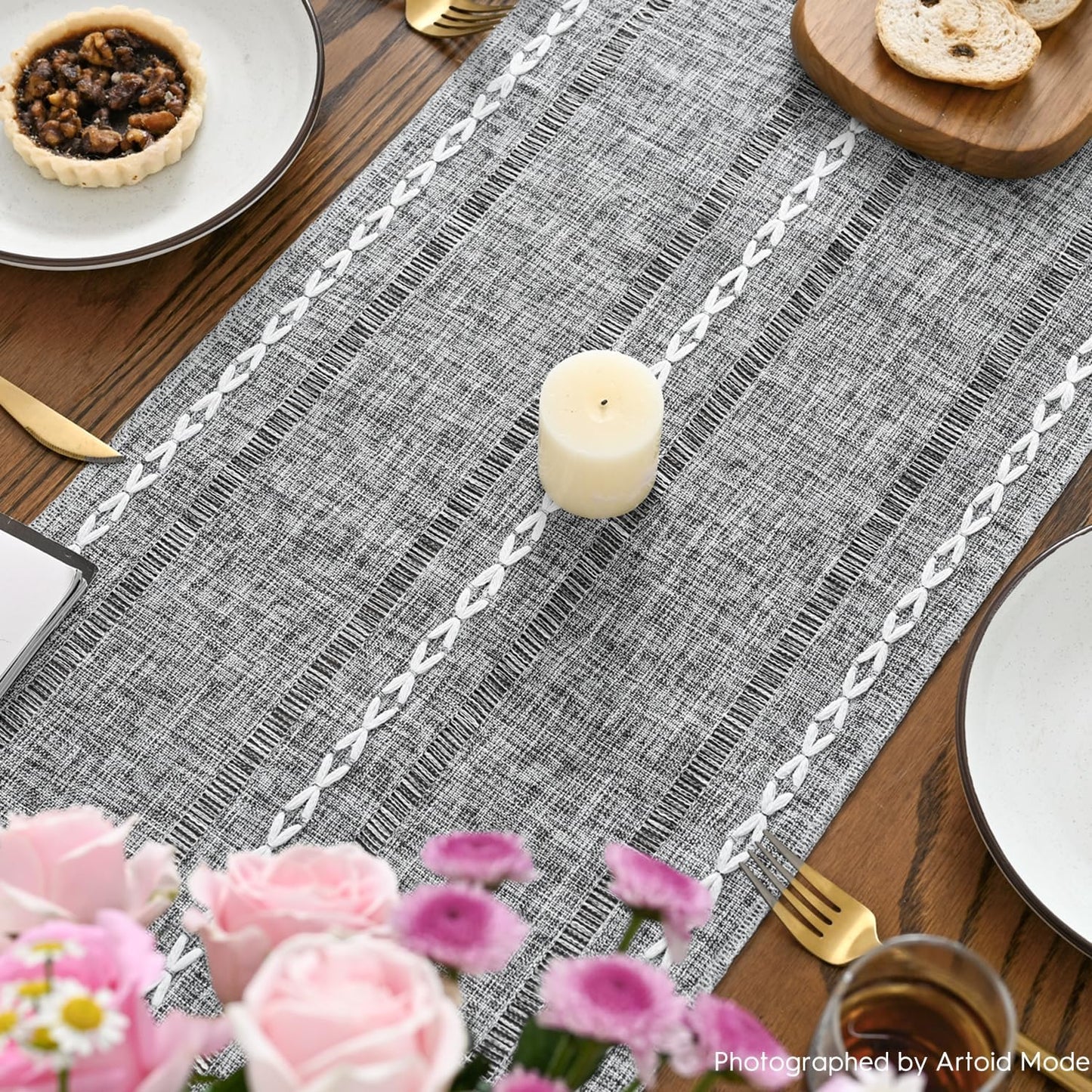 Artoid Mode Dark Grey Rustic Cotton Linen Table Runner, Seasonal Embroidered Hollow Kitchen Dining Table Decoration for Home Party Decor 13x60 Inch