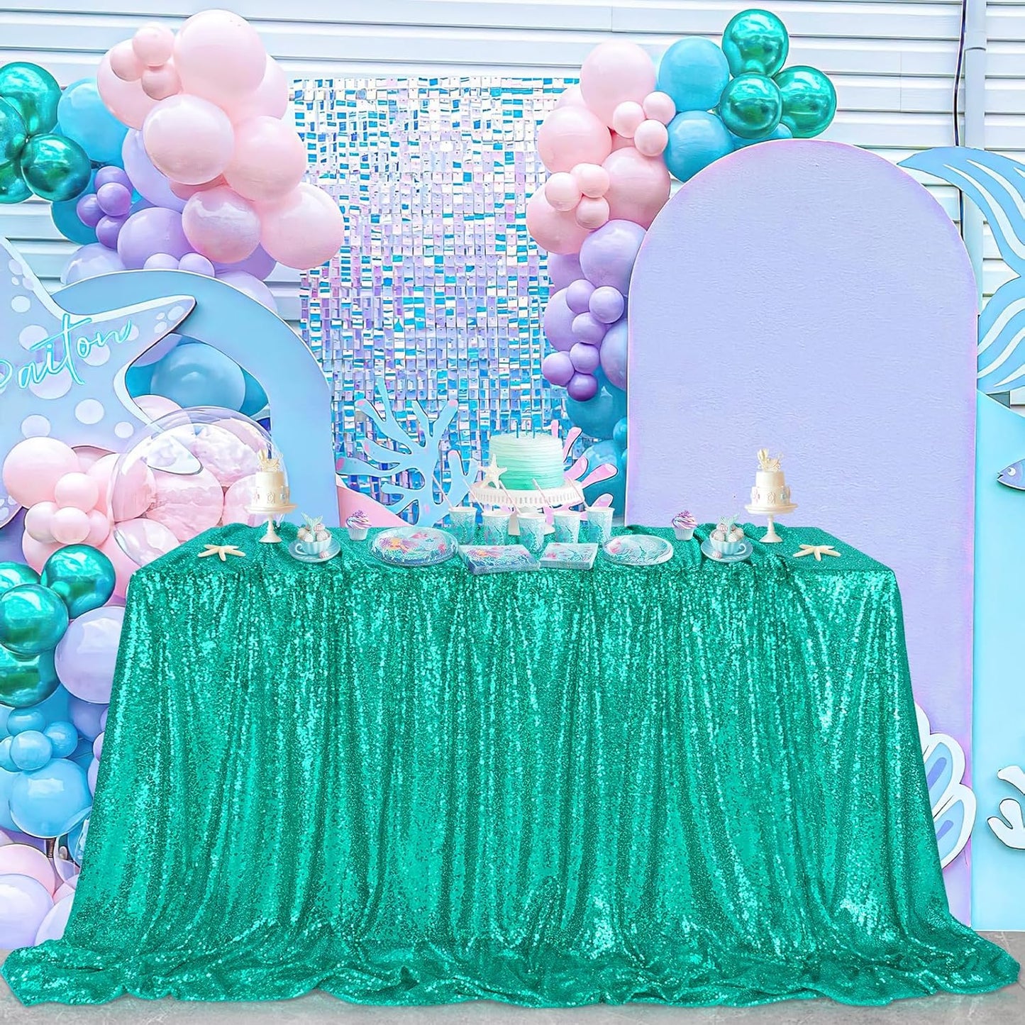 QueenDream Lake Green Party Decorations Sequin Tablecloth: Glitter Overlay 90x90 Inch Table Drapes for Banquet Wedding Theme Mermaid Party Planners