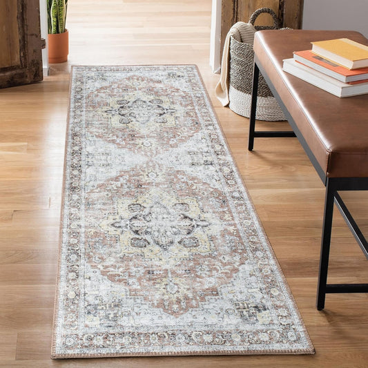 Bloom Rugs Washable Non-Slip 12 ft Runner - Blush/Beige Traditional Medallion Runner for Entryway, Hallway, Bathroom, and Kitchen - Exact Size: 2.5' x 12'