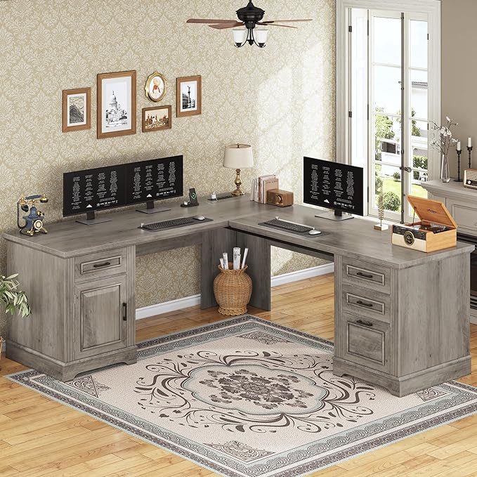 SEDETA 69" L Shaped Desk with Drawers and Storage, Farmhouse Computer Desk with - Image 3