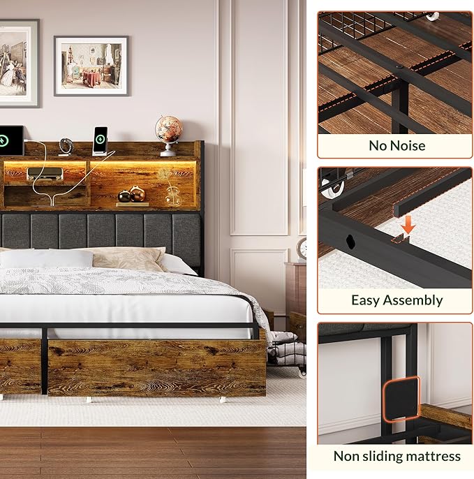 LARMACE King Bed Frame with 6 Storage Drawers, Bed Frame King Size with Linen - Image 7