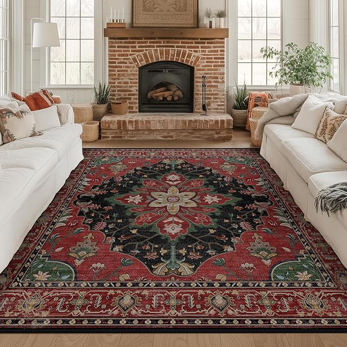 RELEANY Area Rugs Square 8ft Washable Non-Slip, Floral Vintage Distress Print - Image 2