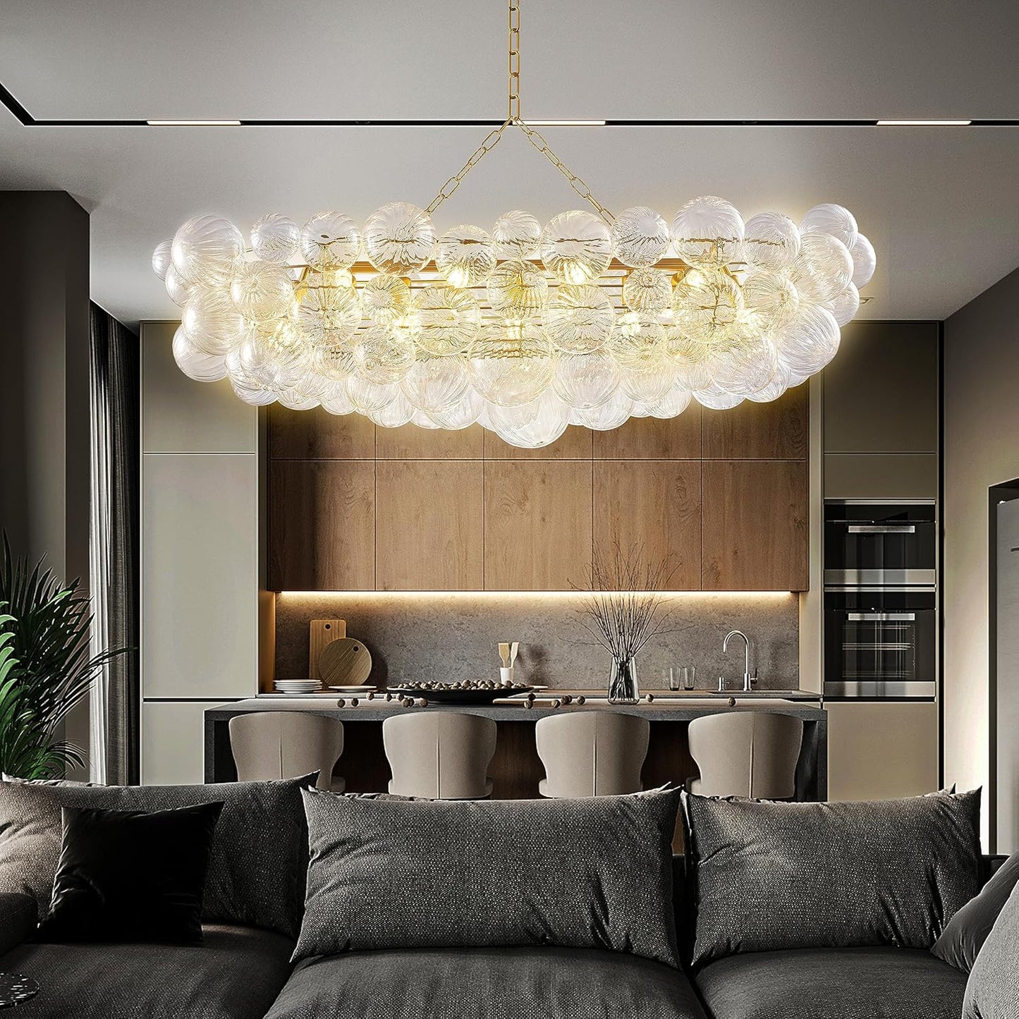 Nordic Bubble Ball Swirled Glass Chandelier 50 inch Rectangular Island Light Fixture Gild Gold and Clear Blown Glass Lighting for Dining Table, Living Room