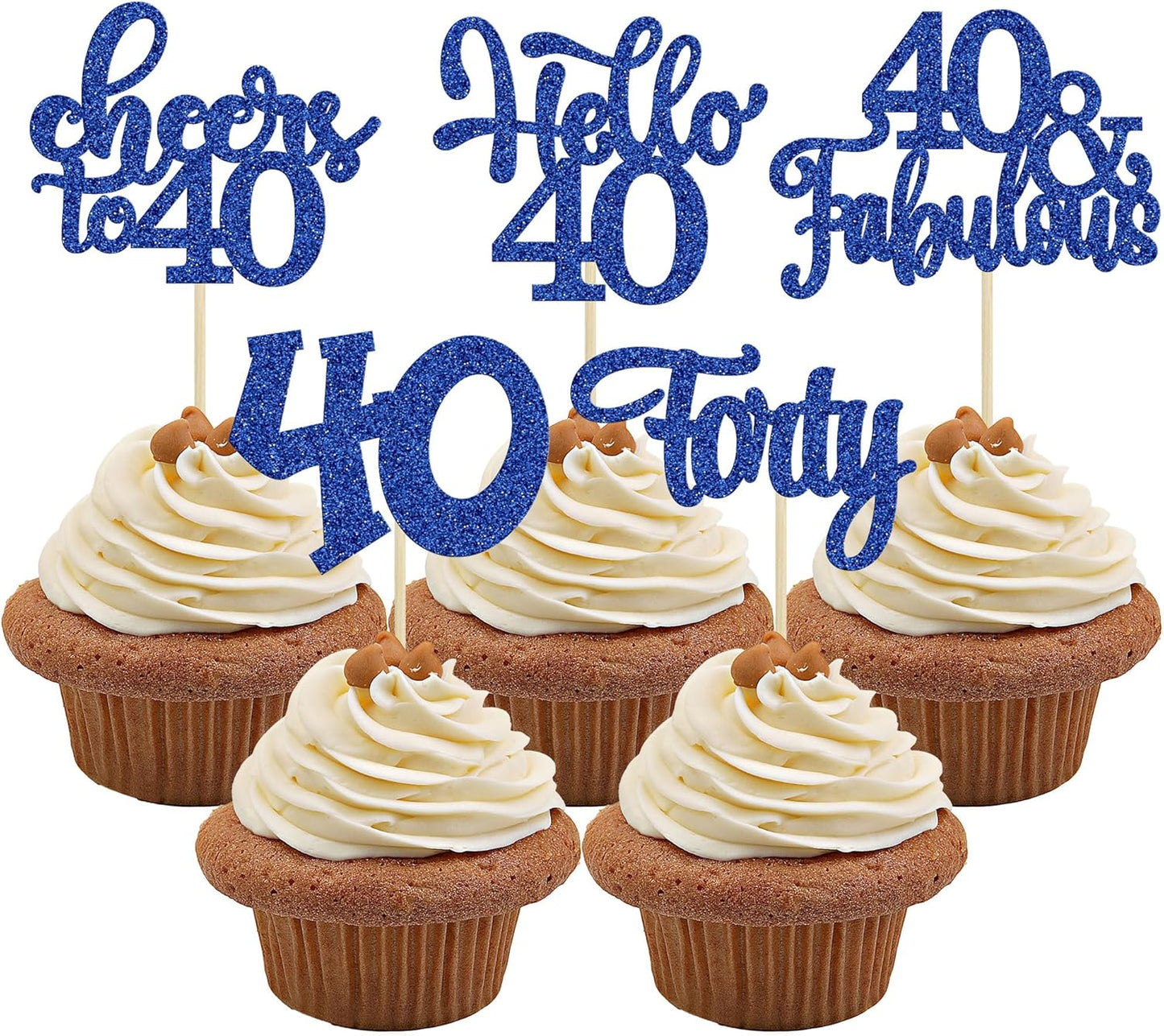 30pcs Happy 40th Birthday Cupcake Toppers - Deep Blue Glitter Forty Cheers to 40 Years Old Cupcake Picks for Anniversary Party Cake Decorations
