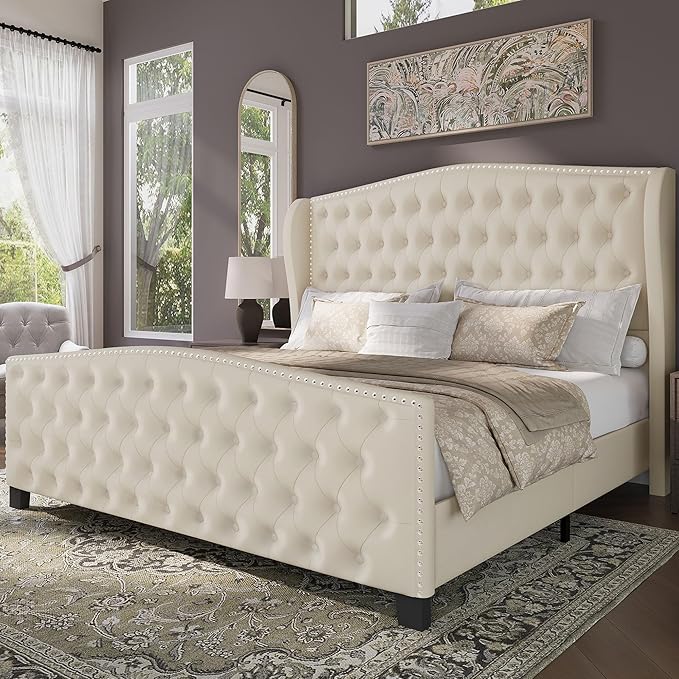 BRELTAM Upholstered King Size Bed Frame Velvet Beige Tufted Platform Bed Frame by Breltam