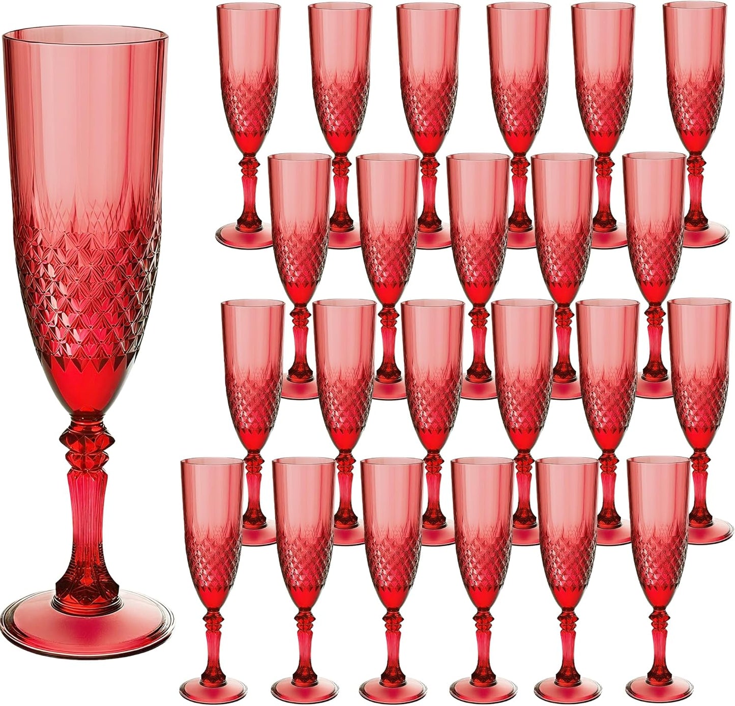 Plastic Champagne Flutes, 24PCS Dark Red Wine Glasses Goblets Cups Reusable Flute, for Christmas Weddings Christmas Bachelor Parties Toasting and Events(24, Dark Red)