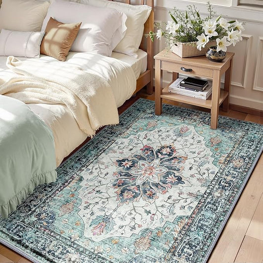 RELEANY Area Rugs 3'x4' Washable Non-Slip, Floral Vintage Distress Print by RELEANY