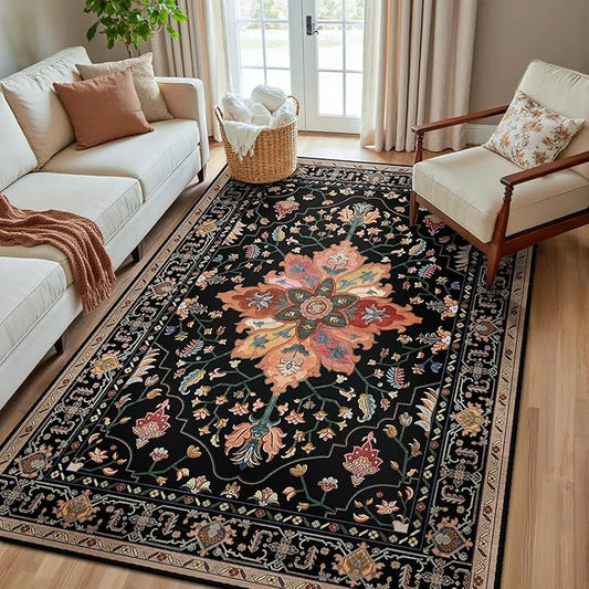 RELEANY Area Rugs 5'x8' Washable Non-Slip, Floral Vintage Distress Print by RELEANY