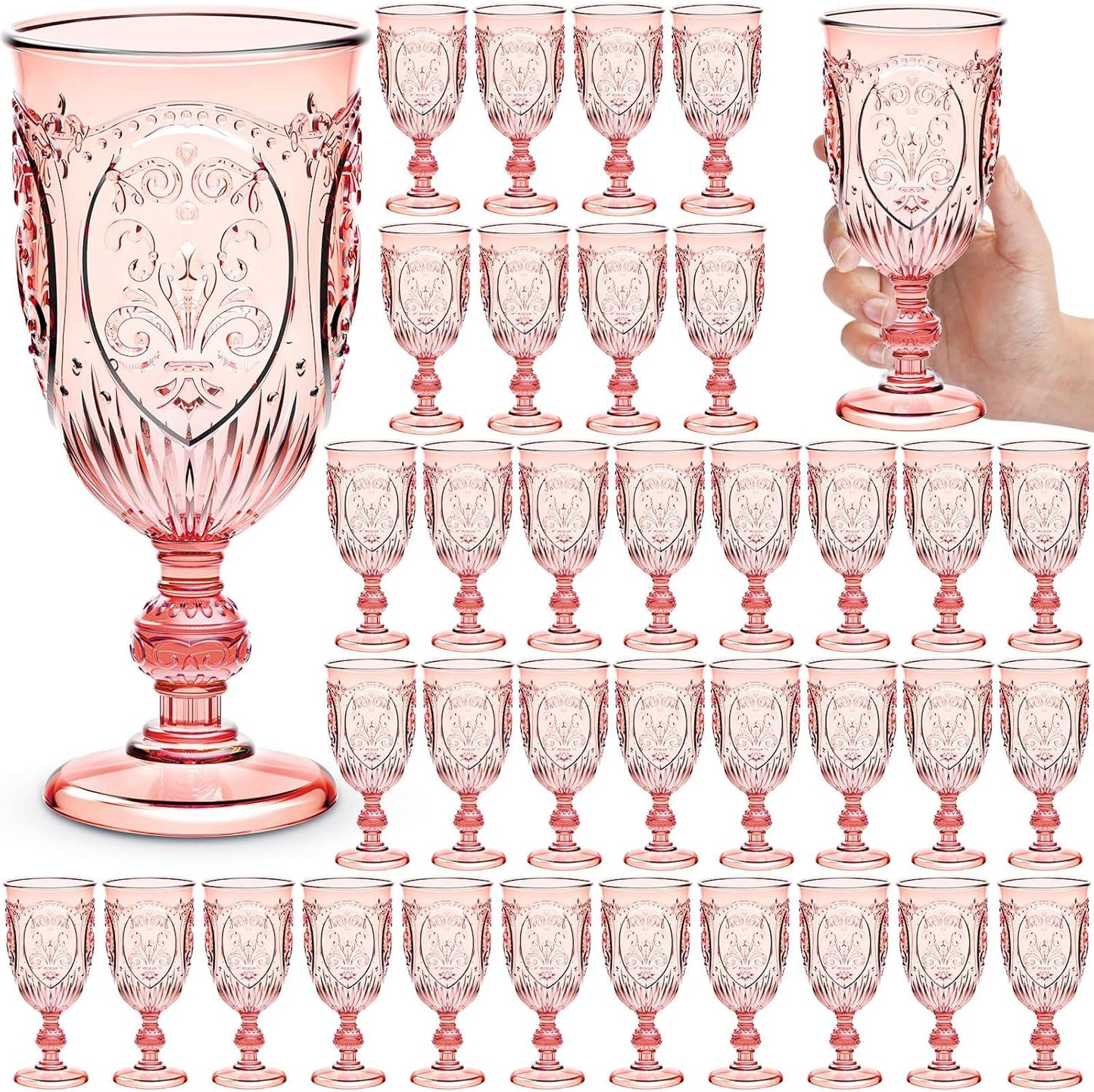 36 Pack Plastic Goblets 10oz Upgrade Vintage Water Goblet Plastic Wine Glasses Colored Retro Embossed Glassware for Party Wine Bar Juice Baby Shower Wedding Reception Grand (Pink)