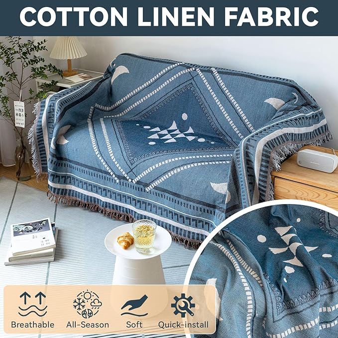 VClife Boho Sofa Couch Cover White Blue Plaid Stripe Couch Cover - Image 2