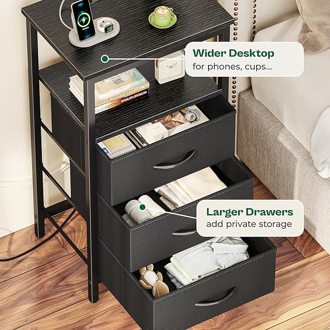 Huuger Night Stand with Charger Station and LED Lights, 3 Drawer Nightstand - Image 7