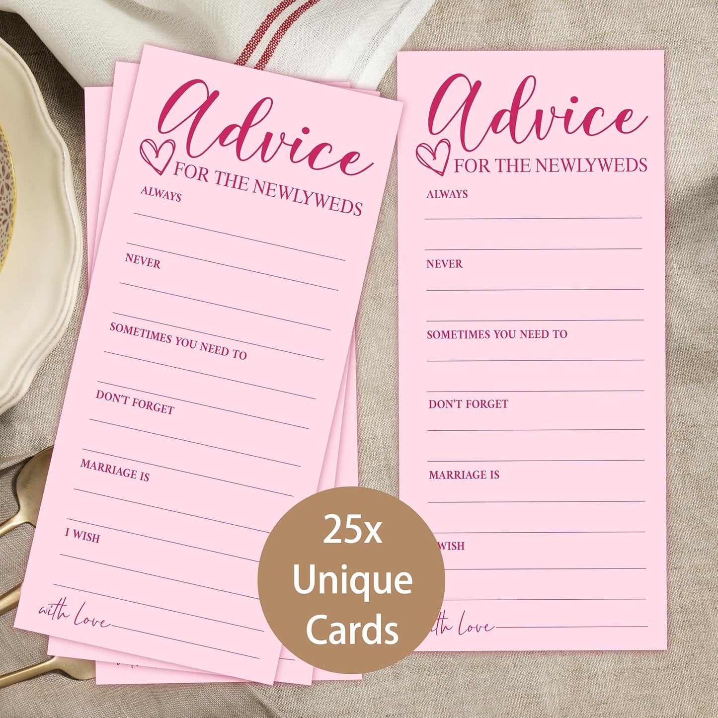 25 Wedding Advice Cards for Bridal Shower Games, Pink Advice and Wishes Cards for Bride and Groom, Newlyweds, 4X9 Inch Minimalist Guest Interaction Activity-A09